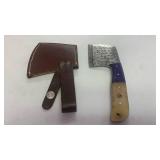 Damascus Steel Full Tang Small Cleaver with Bone Handle and Leather Sheath Cheese Hatchet approx 7.5 inches Skinner Knife