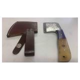 Damascus Steel Full Tang Small Cleaver with Bone Handle and Leather Sheath Cheese Hatchet approx 7.5 inches Skinner Knife