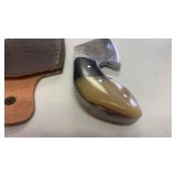 Damascus Steel Full Tang Small Knife Skinner with Bone and Wood Handle Cheese Mushroom Hunting with Leather Sheath approx 5 inches