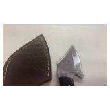 Damascus Steel Full Tang Small Knife Skinner with Bone and Wood Handle Cheese Mushroom Hunting with Leather Sheath approx 5 inches