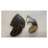 Damascus Steel Full Tang Small Knife Skinner with Bone and Wood Handle Cheese Mushroom Hunting with Leather Sheath approx 5 inches