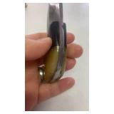 Damascus Steel Full Tang Small Knife Skinner with Bone and Wood Handle Cheese Mushroom Hunting with Leather Sheath approx 5 inches