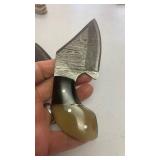 Damascus Steel Full Tang Small Knife Skinner with Bone and Wood Handle Cheese Mushroom Hunting with Leather Sheath approx 5 inches