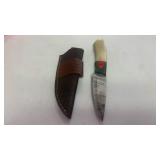 Handcrafted Damascus Steel Full Tang Knife Skinner Blade with Bone and Wood Handle with Leather Sheath approx 8 inches Hunting Fishing