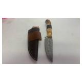 Damascus Steel Hunting Knife Skinner Blade Fishing Full Tang with Bone Handle and Leather Sheath approx 9.25 inches