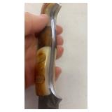 Damascus Steel Hunting Knife Skinner Blade Fishing Full Tang with Bone Handle and Leather Sheath approx 9.25 inches