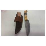 Damascus Steel Hunting Knife Skinner Blade Fishing Full Tang with Bone Handle and Leather Sheath approx 9.25 inches