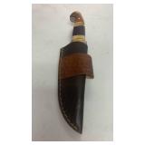 Damascus Steel Hunting Knife Skinner Blade Fishing Full Tang with Bone Handle and Leather Sheath approx 9.25 inches