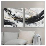 MOUODEWO Black white and grey abstract wall art,2-piece canvas wall modern art set, Hand Painted 3D Textured Canvases, Large Canvas Painted Artworks For Living Room/bedroom/office Wall Decoration - Re