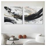 MOUODEWO Black white and grey abstract wall art,2-piece canvas wall modern art set, Hand Painted 3D Textured Canvases, Large Canvas Painted Artworks For Living Room/bedroom/office Wall Decoration - Re