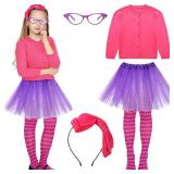 JenPen 5 Pcs Halloween Book Character Costumes for Kids Rose Red Long Sleeve Cardigan Purple Tutu Skirt Striped Tights Bow Headband Glasses Frame for Children Halloween Cosplay Dress up Outfit