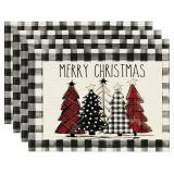 Artoid Mode Waterclor Buffalo Plaid Christmas Trees Placemats Set of 4, 12x18 Inch Winter Table Mats for Outdoor Home Party Kitchen Dining Decor