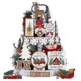 Vercraft Holiday Tiered Tray Decor Christmas Tiered Tray Decorations Set Truck Wooden Signs Farmhouse Table Decorations for Home Table Shelf
