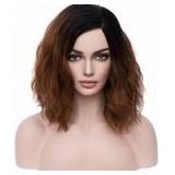 BERON Womens Brown Wig Short Curly Bob Hair Wig for Girls Brown Ombre Color Wavy Heat Resistant Synthetic Wig Body Wave Daily Hair Party Wigs