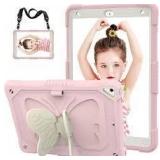 for iPad 9th Generation Case with Screen Protector, Butterfly Kickstand, Shoulder Strap, Pencil Holder Rugged Girls Cover for iPad 9th 8th 7th Gen 2021 2020 2019 10.2 inch, Pink