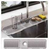24 Inch Silicone Faucet Mat for Kitchen Sink Splash Guard - 7° Slope Water Draining Mat With Fasten Button for Bathroom Area (Gray, 24