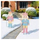 Pinkunn 2 Pcs Pastel Christmas Nutcracker Yard Stake Candy Cane Metal 3D Outdoor Christmas Decorations Xmas Nutcracker Yard Signs for Xmas Outdoor Garden Lawn Party Decor