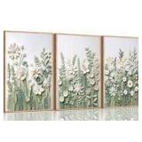 3Pcs Sage Green Botanical Canvas Wall Art Minimalist Flower Boho Floral Painting Picture Wall Decor Posters Prints Artwork For Living Room Bedroom Office Kitchen Home Decoration