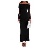 PRETTYGARDEN Fall Dresses for Women 2025 Elegant Off The Shoulder Long Sleeve Wedding Guest Cocktail Bodycon Maxi Dress(Black,Small)
