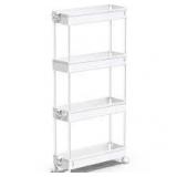 SPACEKEEPER Slim Rolling Storage Cart 4 Tier Bathroom Organizer Mobile Shelving Unit Utility Cart Tower Rack for Kitchen Laundry Narrow Places, White