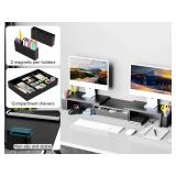 Spacrea Metal Desk Organizers and Accessories, Dual Monitor Stand Riser with Drawer and 2 Pen Holders, Desk Accessories & Workspace Desktop Organizers for Office Supplies (Black)