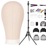 GHWMYD 22 Inch Canvas Wig Head Mannequin Head With 63in Tripod Stand, Manikin Canvas Head Set for Wigs Making Display Styling with Tripod Table Clamp Wig Caps Pins Set Hair Brush, Clips(Beige)