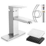 Bathroom Sink Faucet for 1 or 3 Hole, Herogo Brushed Nickel Single Handle Bathroom Faucet with Pop-up Drain & Soap Dishes, Stainless Steel, for RV Farmhouse Vanity Lavatory Sinks