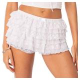 NVRENJIA Women Lace Ruffle Shorts Fluffy Y2k Fairy Lolita Bloomers Layered Frill Bottoms Cute Boy Shorts Sexy Pettipants (US, Alpha, Large, Regular, Regular, White)