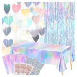 8 PCS Iridescent Disco-Holographic Party Decorations - Love-Heart Garland Streamers Banner, Disposable Laser Tablecloth, Tinsel Foil Fringe Curtains | Birthday, Bachelorette, Engagement, 90s, 80s