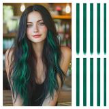 FESHFEN Colored Clip in Hair Extensions - 9 PCS Polaris Dark Green Highlighted Hair Piece Straight Synthetic Clip in Hairpieces for Women 22 inch