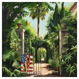iWeeta German Shepherd Garden Flag 12x18 Inch Double Sided Outside, Patriotic German Shepherd with American Flag Oil Painting Style Porch Yard Patio Outdoor Decoration