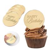 Wolpark 20pcs Gold Mirror Acrylic Cupcake Toppers Acrylic Engraved Cake Picks Cupcake Disc Happy Birthday Cake Decoration Circle Round Shape DIY Party Supplies