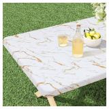 misaya Rectangle Vinyl Flannel Backed Tablecloth, Elastic Waterproof Fitted Table Cover, Plastic Table Cloth Fit 4 Foot Folding Tables for Picnic, Camping, Outdoor (White Gold Marble, 24x48 inch)