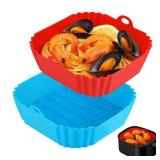 Boribim 9 Inch Large Air Fryer Silicone Liners - 2 PCS Square Reusable AirFryer Basket Liners for 5-8QT Air fryer, Air fryer Accessories for Baking Roasting Microwave (Red + Blue)