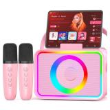 Karaoke Machine,Portable Bluetooth Speaker with 2 Wireless Microphone for Adults & Kids with LED Lights, Karaoke Microphone with PA System Supports USB/TF/AUX,Gift for Party (Pink)