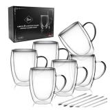 LIBWYS 6 Pack Double Walled Coffee Cups Glasses Mugs, 12oz Espresso Cappuccino Latte Tea Cups with Handle, Heat Resistant Borosilicate Clear Glasses 350ml
