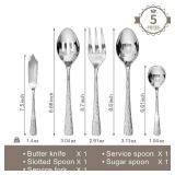 KINGSTONE Hammered 5-Piece Serving Utensil Set, 18/10 Stainless Steel Flatware for Catering, Party Include Spoons, Slotted Spoon, Fork, Butter Knife - Mirror Finish & Dishwasher Safe