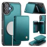 Usroom Compatible with Magsafe for iPhone 16 Plus Wallet Case Magnetic Card Holder, RFID Blocking 2 in 1 Detachable Kickstand Shockproof Case for Women Men, Bluish Green