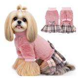 WOYYHO Small Dog Sweater Dress Winter Fleece with Plaid Skirt & Bowtie, Warm Long Sleeve Puppy Clothes for Chihuahua, Yorkie, Pink, Size S