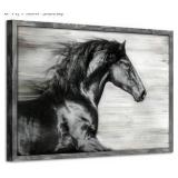 Black Horse Wood Artwork Framed: Wildlife Picture Wooden Wall Art for Living Room, 45