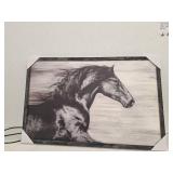 Black Horse Wood Artwork Framed: Wildlife Picture Wooden Wall Art for Living Room, 45