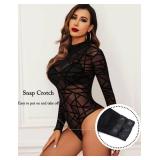 Avidlove Halloween Costumes Mesh Bodysuit for Women Black Leotard Long Sleeve Slim Bodysuit Tops XL