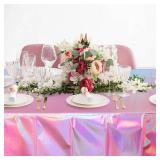 4 Pack Iridescent Pink Plastic Tablecloths, FunnyPars Shiny Disposable Laser Rectangle Table Covers, Holographic Foil Tablecloth Iridescent Party Decorations for Birthday Wedding Christmas, 54x108Inch