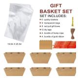 KEVTVEK Bigger Baskets for Gifts Empty, 6 Pack Sturdy Kraft Basket With Handles Gift Basket Kit, 6 Shrink Wrap Bags, 6 Bows and Hang Tag, Empty Gift Baskets to Fill for Birthday Christmas Baby Shower