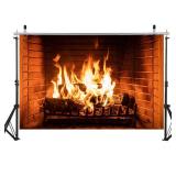 WOLADA Christmas Fireplace Backdrop Realistic Burning Logs & Warm Flame Scene Background for Winter, Christmas, Family Portrait, and Indoor Cosy Themed Photoshoots & Studio Props 5x3FT FW56
