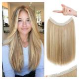 REECHO 16" Invisible Wire Hair Extensions with Thinner Softer Lace Weft Adjustable Size Removable Secure Clips in Short Straight Secret Hairpiece for Women - Golden Blonde with Highlights