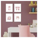 JINYO Coquette Pink Bow Perfume High Heels Package Wall Art Prints Set of 4, Preppy Girly Pink Wall Decor Posters Pictures for Girls Room Bathroom Apartment, 8x10 Unframed