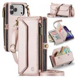 Strapurs Wallet Case Compatible with iPhone 17 Pro 6.3" RFID Blocking 9-Card Holder Soft PU Leather Magnetic Snap Shoulder Strap Zipper Pocket Phone Case Fit for iPhone 17 Pro for Women - Rose Gold