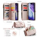 Strapurs Wallet Case Compatible with iPhone 17 Pro 6.3" RFID Blocking 9-Card Holder Soft PU Leather Magnetic Snap Shoulder Strap Zipper Pocket Phone Case Fit for iPhone 17 Pro for Women - Rose Gold