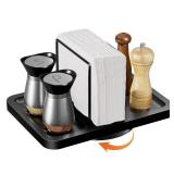 Rotating Napkin Holder for Table, Bamboo Standing Napkin Dispenser with Salt Pepper Shakers Caddy, Black Metal Hand Towel Holder for Bathroom Home Kitchen Farmhouse Decor Not Including Shakers